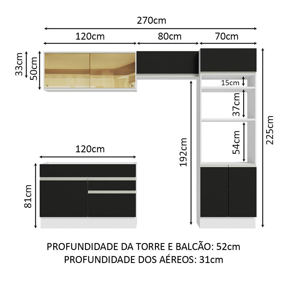 Cozinha Completa Madesa Glamy 270012 com Armário e Balcão (Sem Tampo e Pia) - Branco/Preto
