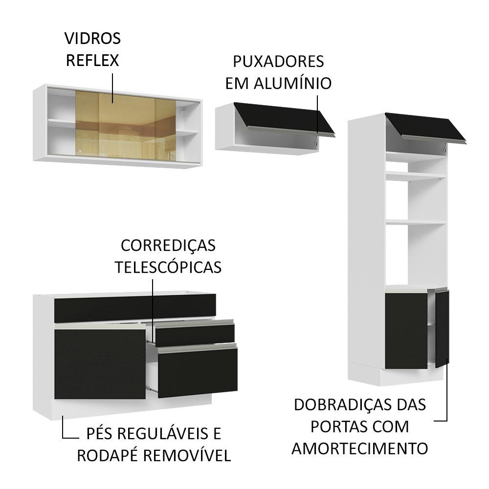 Cozinha Completa Madesa Glamy 270012 com Armário e Balcão (Sem Tampo e Pia) - Branco/Preto