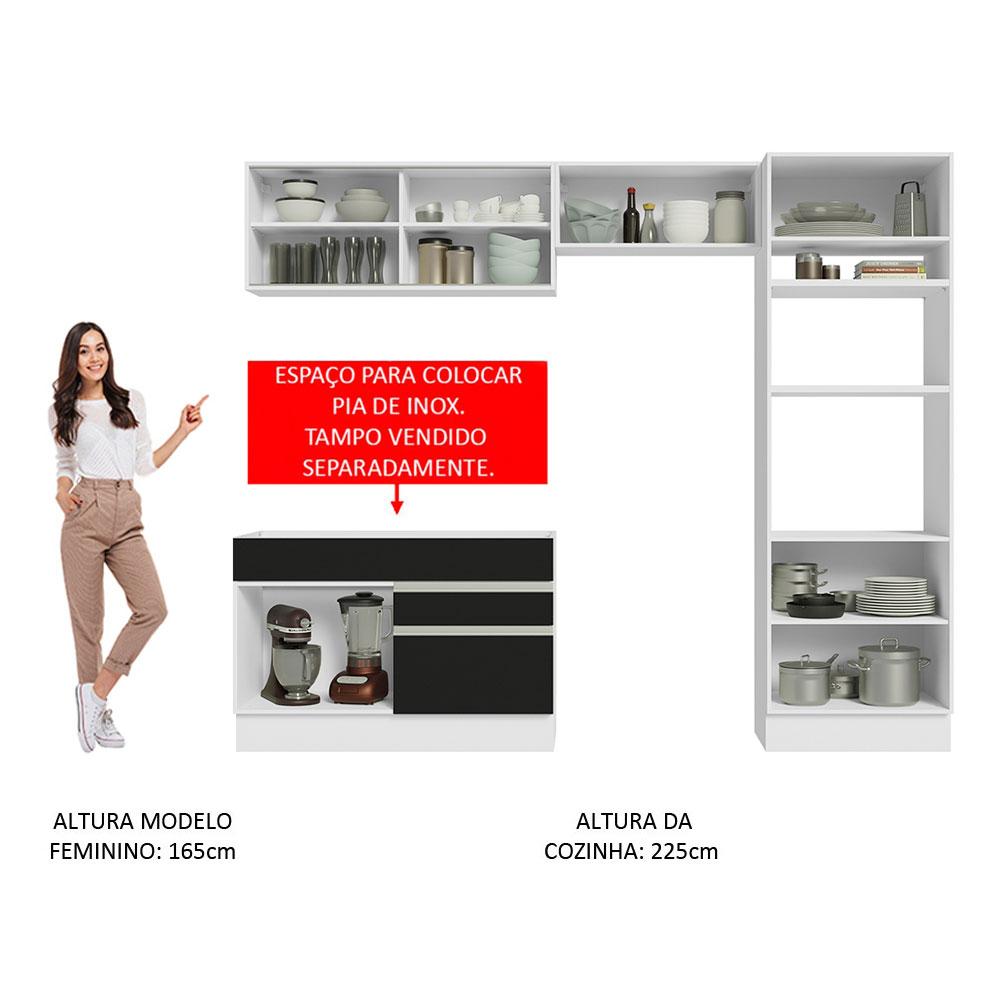 Cozinha Completa Madesa Glamy 270012 com Armário e Balcão (Sem Tampo e Pia) - Branco/Preto