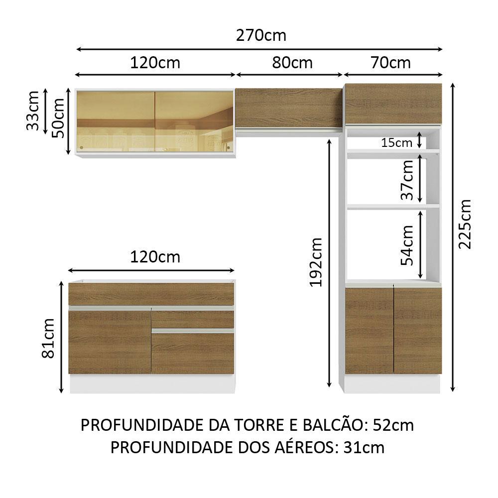 Cozinha Completa Madesa Glamy 270012 com Armário e Balcão (Sem Tampo e Pia) - Branco/Rustic