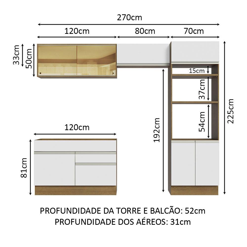 Cozinha Completa Madesa Glamy 270012 com Armário e Balcão (Sem Tampo e Pia) - Rustic/Branco