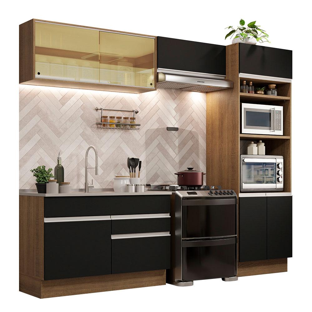 Cozinha Completa Madesa Glamy 270012 com Armário e Balcão (Sem Tampo e Pia) - Rustic/Preto