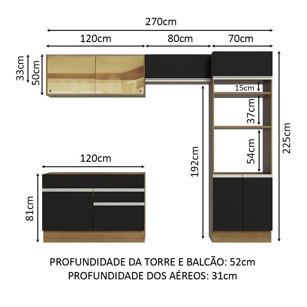 Cozinha Completa Madesa Glamy 270012 com Armário e Balcão (Sem Tampo e Pia) - Rustic/Preto