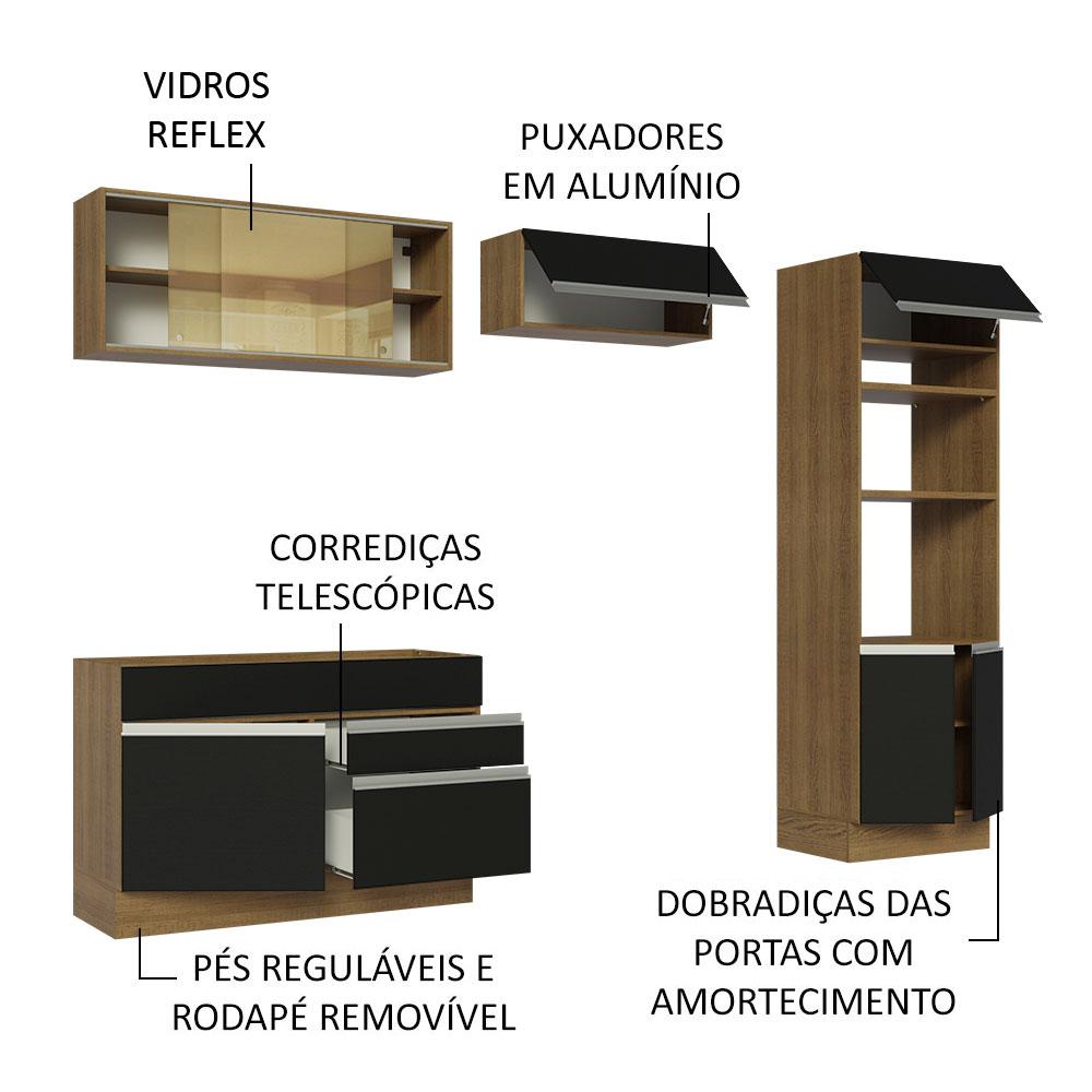 Cozinha Completa Madesa Glamy 270012 com Armário e Balcão (Sem Tampo e Pia) - Rustic/Preto