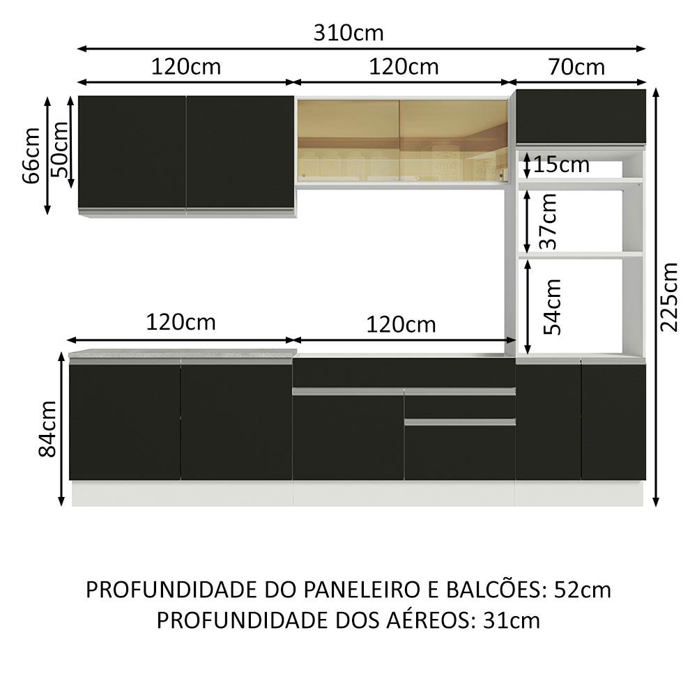 Cozinha Completa Madesa Glamy 310001 com Armário e Balcão (Sem Tampo e Pia) - Branco/Preto