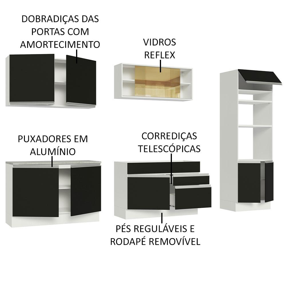 Cozinha Completa Madesa Glamy 310001 com Armário e Balcão (Sem Tampo e Pia) - Branco/Preto