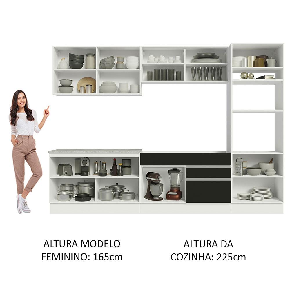 Cozinha Completa Madesa Glamy 310001 com Armário e Balcão (Sem Tampo e Pia) - Branco/Preto