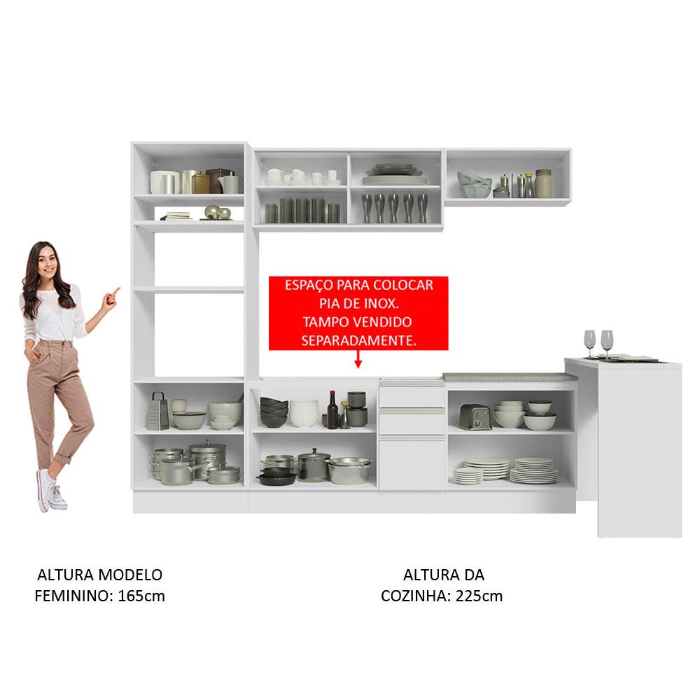 Cozinha Completa Madesa Glamy 315001 com Armário, Balcão e Bancada (Sem Tampo e Pia) - Branco