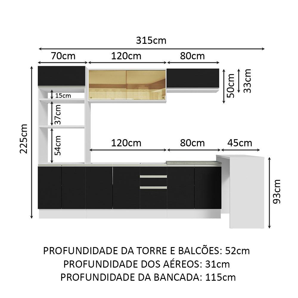 Cozinha Completa Madesa Glamy 315001 com Armário, Balcão e Bancada (Sem Tampo e Pia) - Branco/Preto