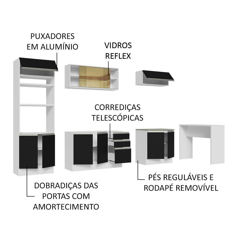 Cozinha Completa Madesa Glamy 315001 com Armário, Balcão e Bancada (Sem Tampo e Pia) - Branco/Preto