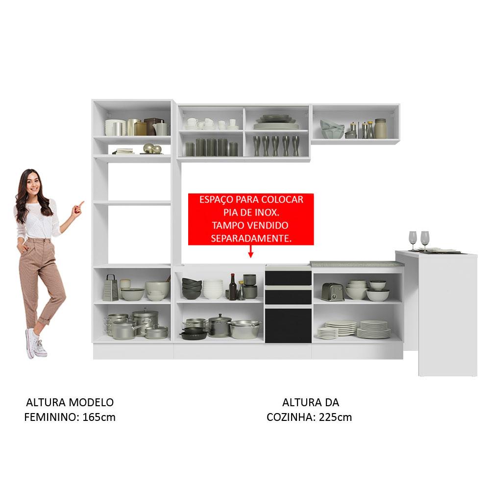 Cozinha Completa Madesa Glamy 315001 com Armário, Balcão e Bancada (Sem Tampo e Pia) - Branco/Preto
