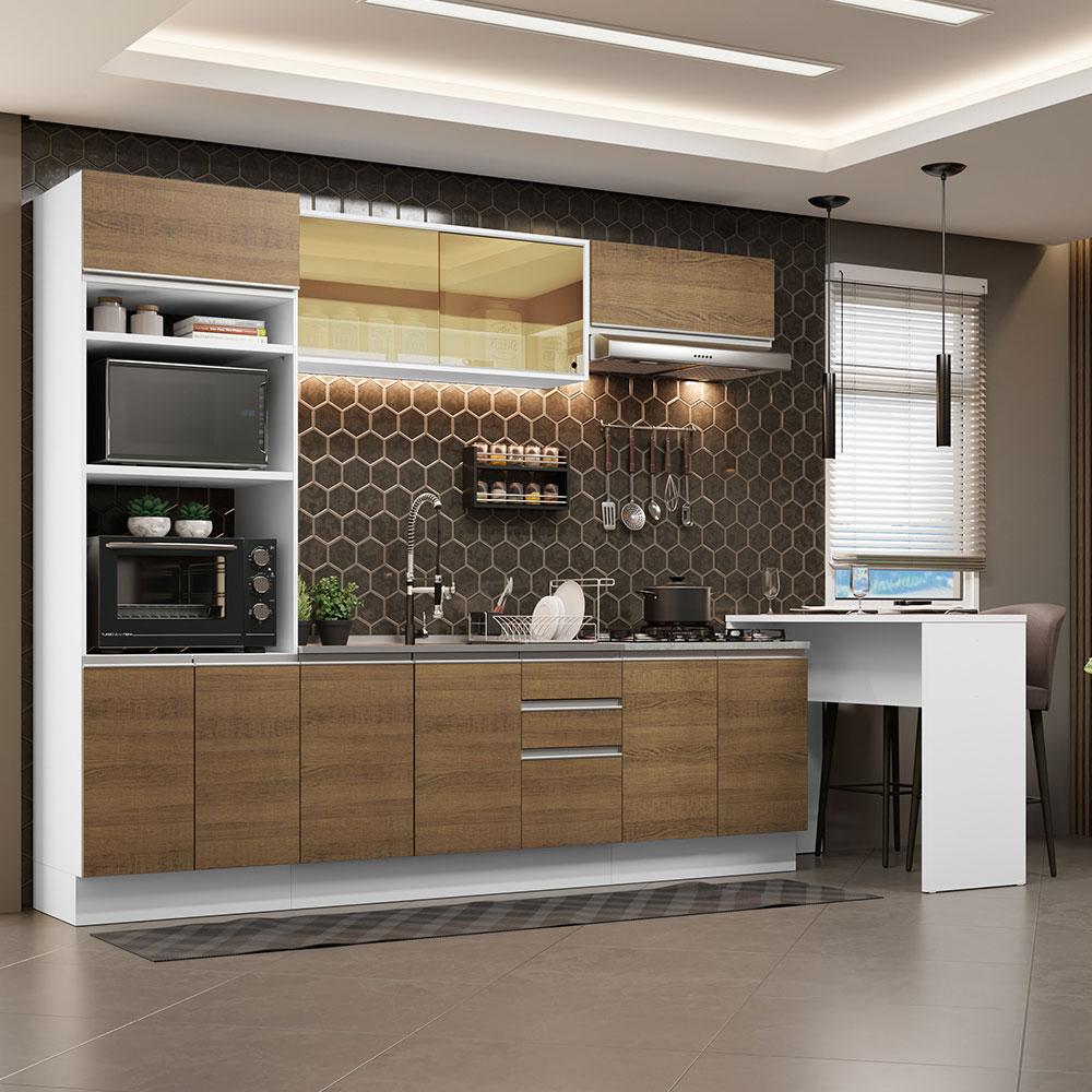 Cozinha Completa Madesa Glamy 315001 com Armário, Balcão e Bancada (Sem Tampo e Pia) - Branco/Rustic