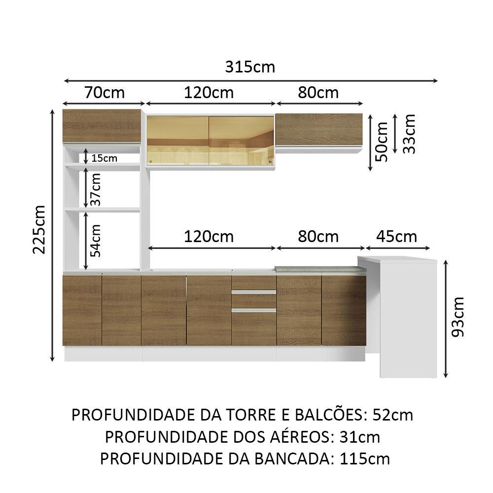 Cozinha Completa Madesa Glamy 315001 com Armário, Balcão e Bancada (Sem Tampo e Pia) - Branco/Rustic
