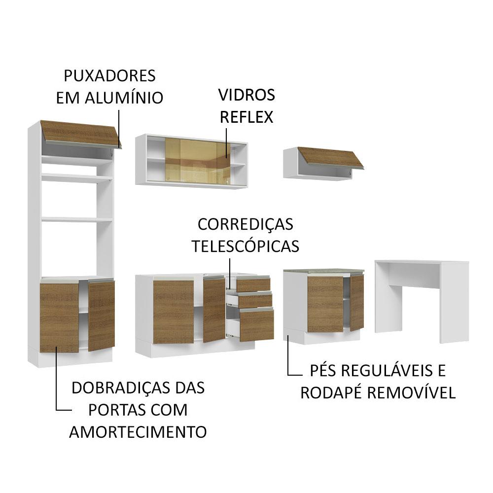 Cozinha Completa Madesa Glamy 315001 com Armário, Balcão e Bancada (Sem Tampo e Pia) - Branco/Rustic