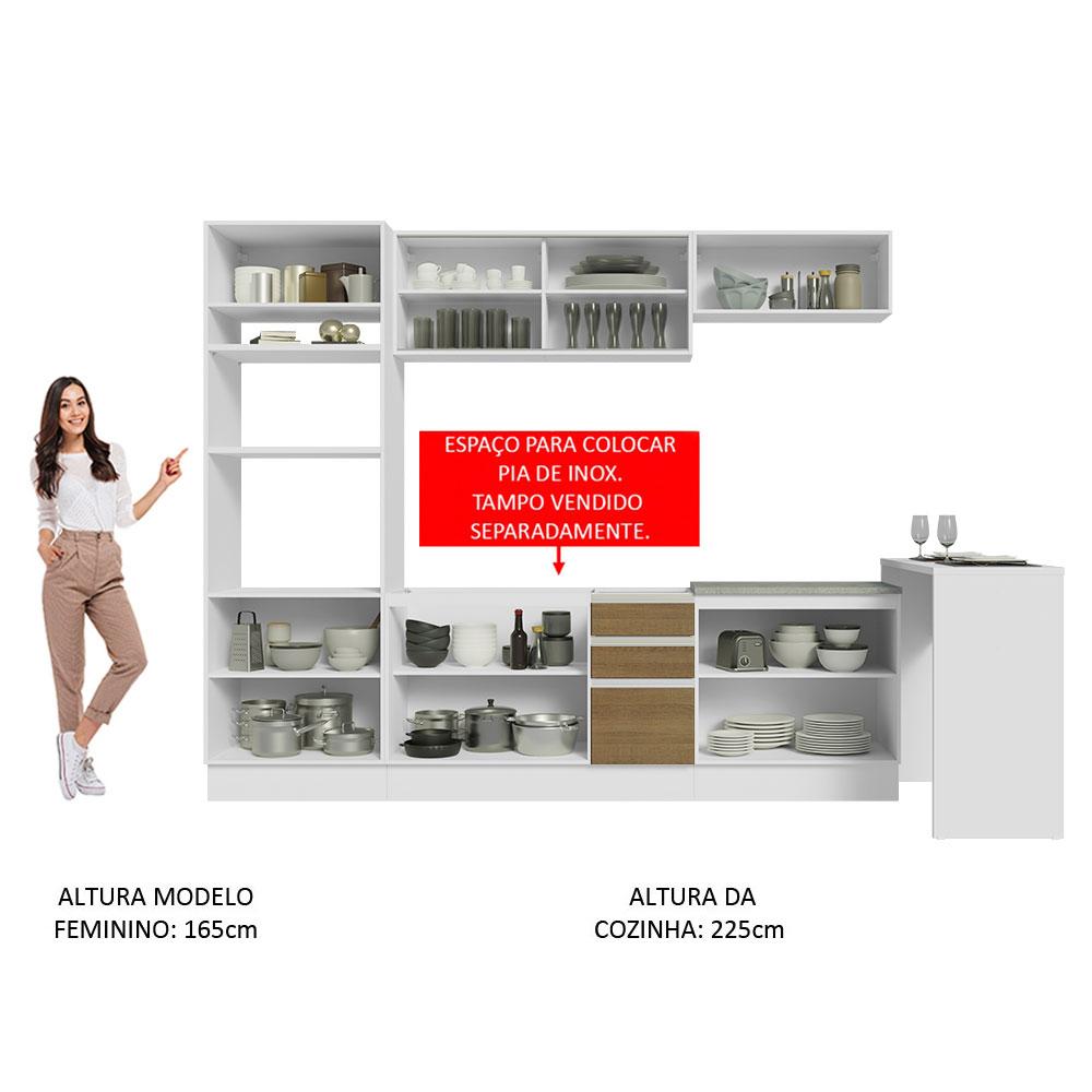 Cozinha Completa Madesa Glamy 315001 com Armário, Balcão e Bancada (Sem Tampo e Pia) - Branco/Rustic