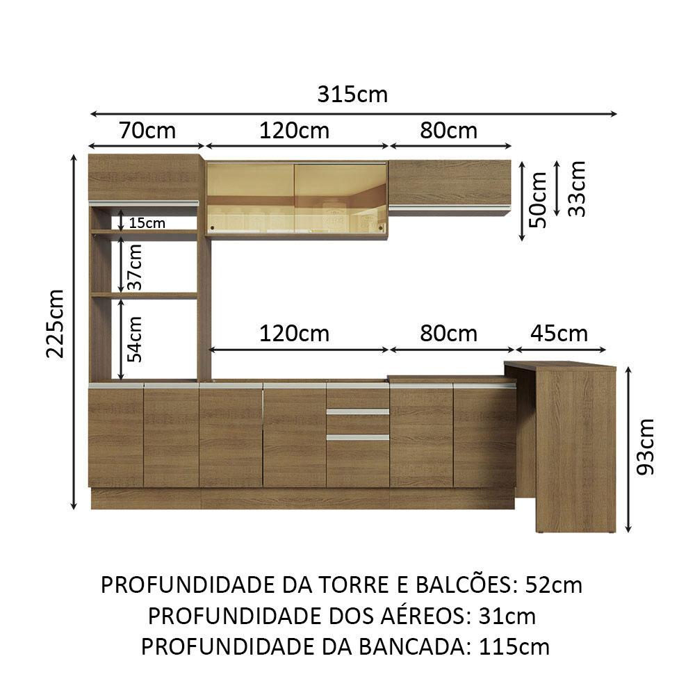 Cozinha Completa Madesa Glamy 315001 com Armário, Balcão e Bancada (Sem Tampo e Pia) - Rustic