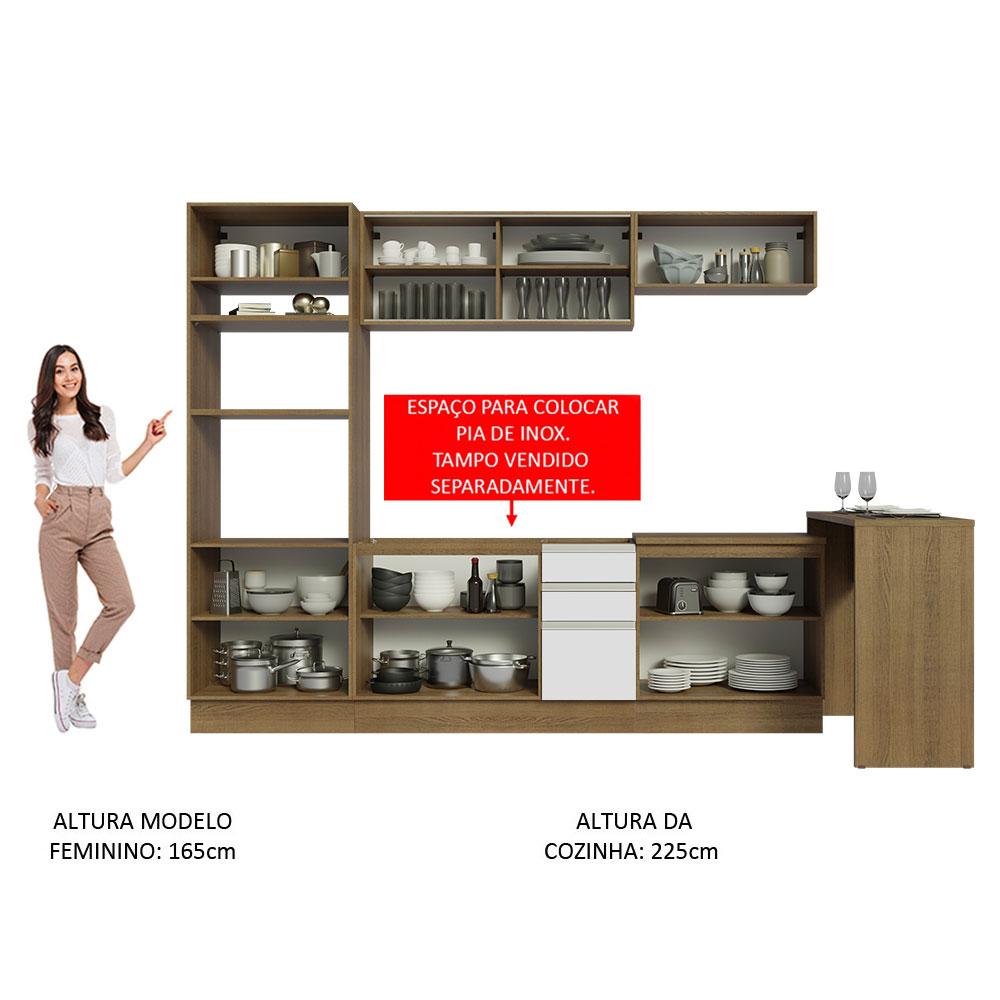 Cozinha Completa Madesa Glamy 315001 com Armário, Balcão e Bancada (Sem Tampo e Pia) - Rustic/Branco