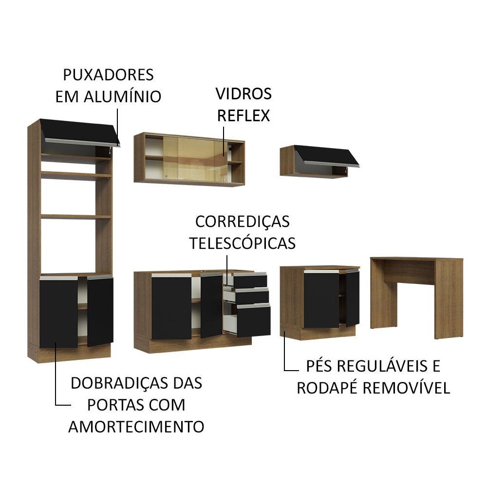 Cozinha Completa Madesa Glamy 315001 com Armário, Balcão e Bancada (Sem Tampo e Pia) - Rustic/Preto