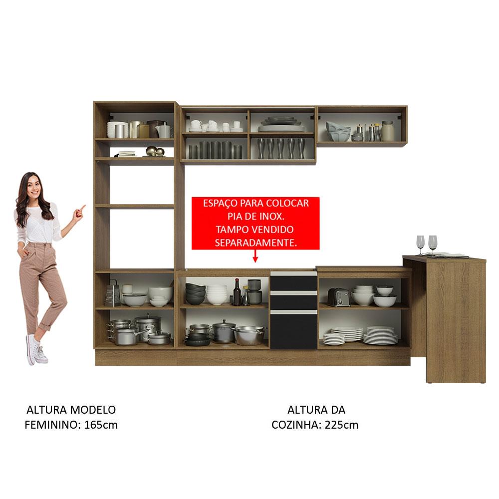 Cozinha Completa Madesa Glamy 315001 com Armário, Balcão e Bancada (Sem Tampo e Pia) - Rustic/Preto