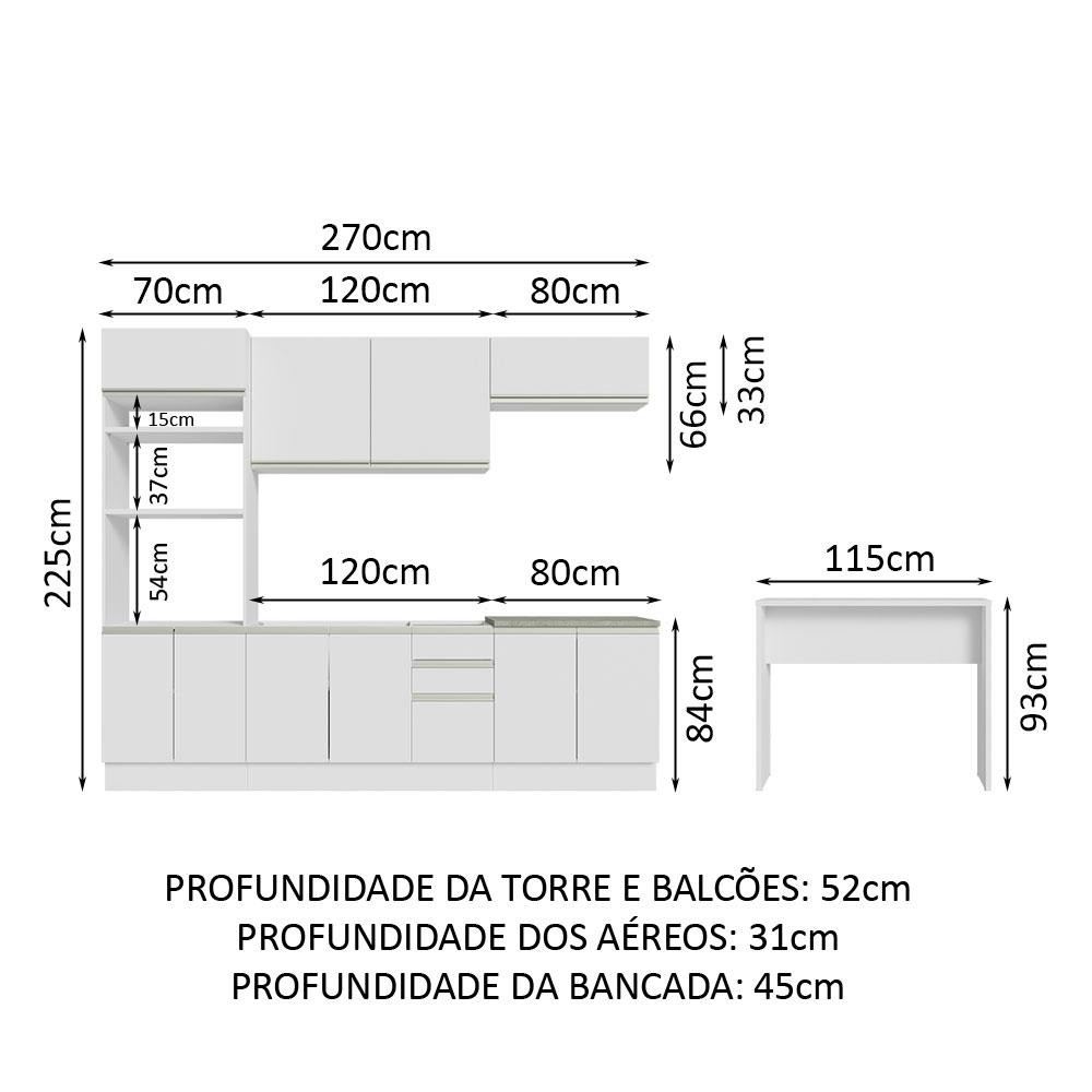 Cozinha Completa Madesa Glamy 315002 com Armário, Balcão e Bancada (Sem Tampo e Pia) - Branco