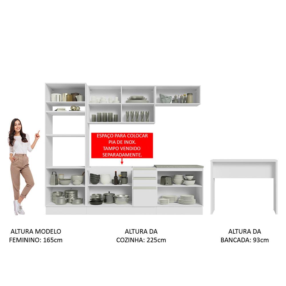 Cozinha Completa Madesa Glamy 315002 com Armário, Balcão e Bancada (Sem Tampo e Pia) - Branco