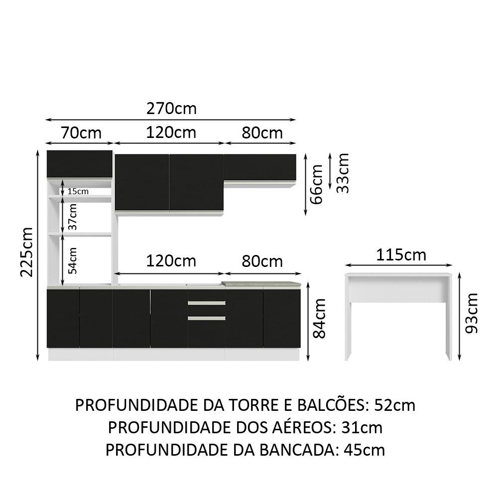 Cozinha Completa Madesa Glamy 315002 com Armário, Balcão e Bancada (Sem Tampo e Pia) - Branco/Preto