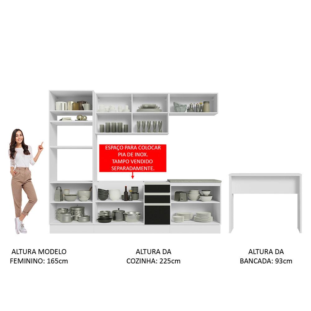 Cozinha Completa Madesa Glamy 315002 com Armário, Balcão e Bancada (Sem Tampo e Pia) - Branco/Preto