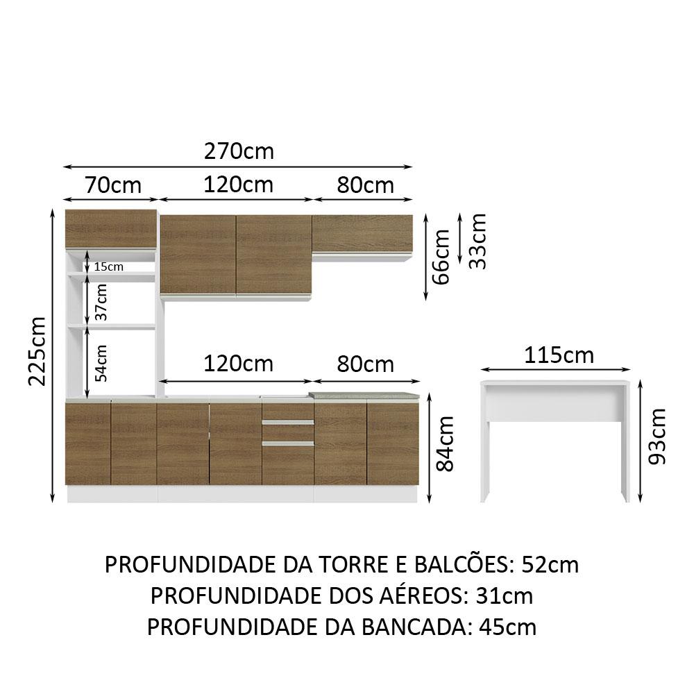 Cozinha Completa Madesa Glamy 315002 com Armário, Balcão e Bancada (Sem Tampo e Pia) - Branco/Rustic