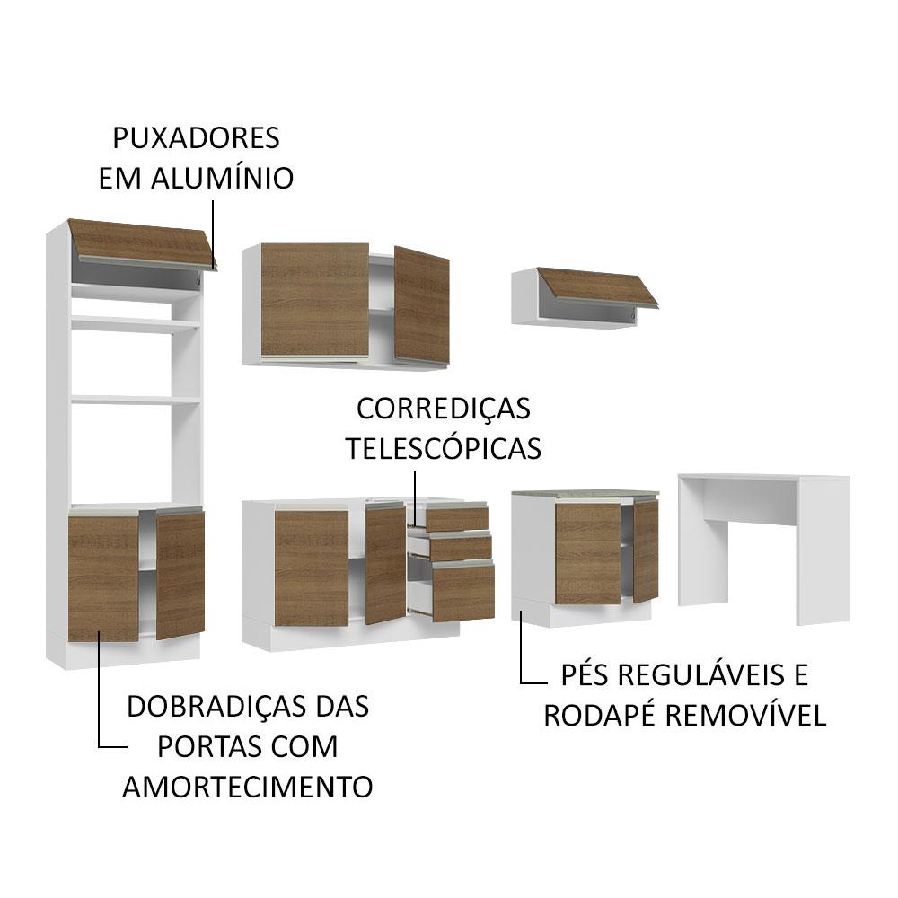Cozinha Completa Madesa Glamy 315002 com Armário, Balcão e Bancada (Sem Tampo e Pia) - Branco/Rustic
