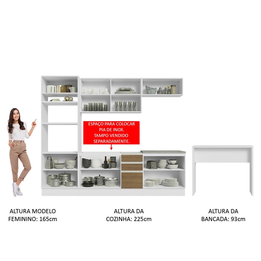 Cozinha Completa Madesa Glamy 315002 com Armário, Balcão e Bancada (Sem Tampo e Pia) - Branco/Rustic