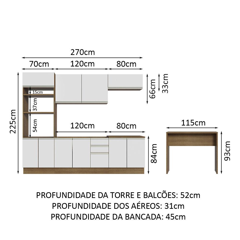 Cozinha Completa Madesa Glamy 315002 com Armário, Balcão e Bancada (Sem Tampo e Pia) - Rustic/Branco