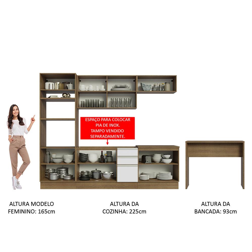 Cozinha Completa Madesa Glamy 315002 com Armário, Balcão e Bancada (Sem Tampo e Pia) - Rustic/Branco