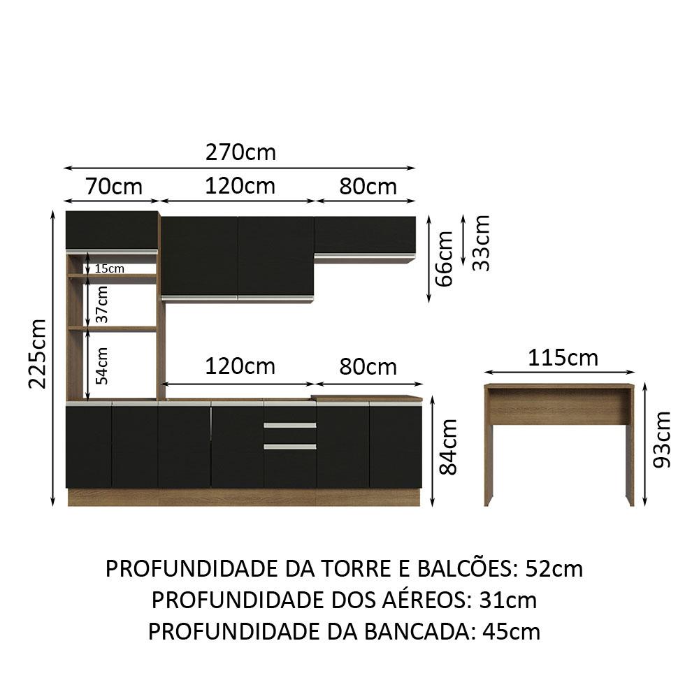 Cozinha Completa Madesa Glamy 315002 com Armário, Balcão e Bancada (Sem Tampo e Pia) - Rustic/Preto