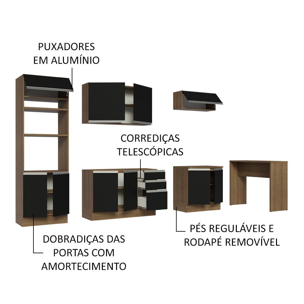 Cozinha Completa Madesa Glamy 315002 com Armário, Balcão e Bancada (Sem Tampo e Pia) - Rustic/Preto