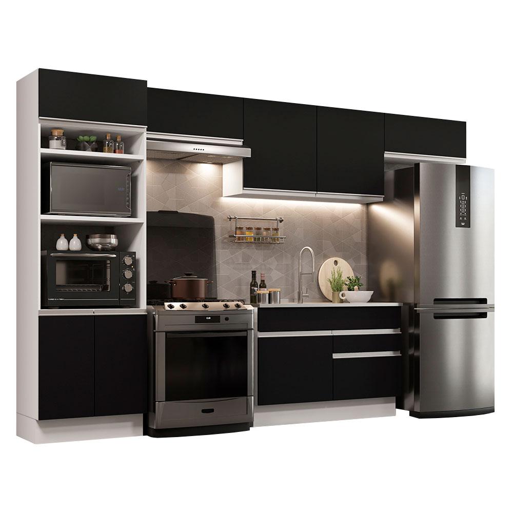 Cozinha Completa Madesa Glamy 350001 com Armário e Balcão (Sem Tampo e Pia) - Branco/Preto