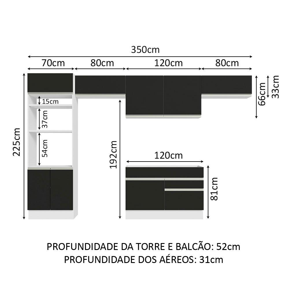 Cozinha Completa Madesa Glamy 350001 com Armário e Balcão (Sem Tampo e Pia) - Branco/Preto