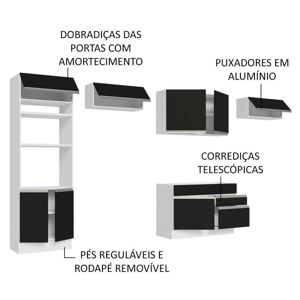 Cozinha Completa Madesa Glamy 350001 com Armário e Balcão (Sem Tampo e Pia) - Branco/Preto