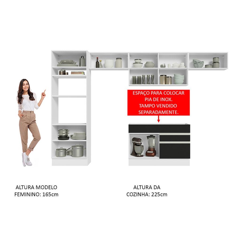 Cozinha Completa Madesa Glamy 350001 com Armário e Balcão (Sem Tampo e Pia) - Branco/Preto