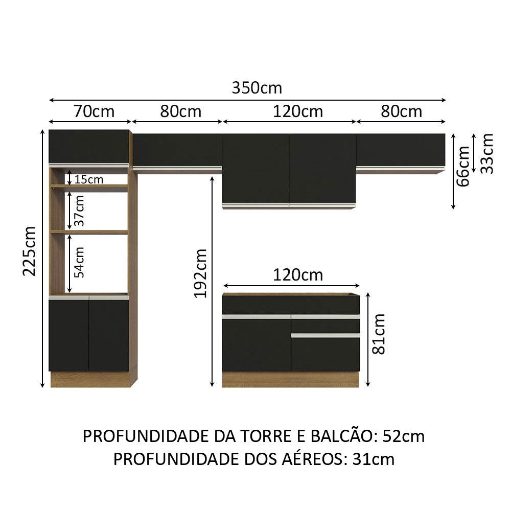Cozinha Completa Madesa Glamy 350001 com Armário e Balcão (Sem Tampo e Pia) - Rustic/Preto