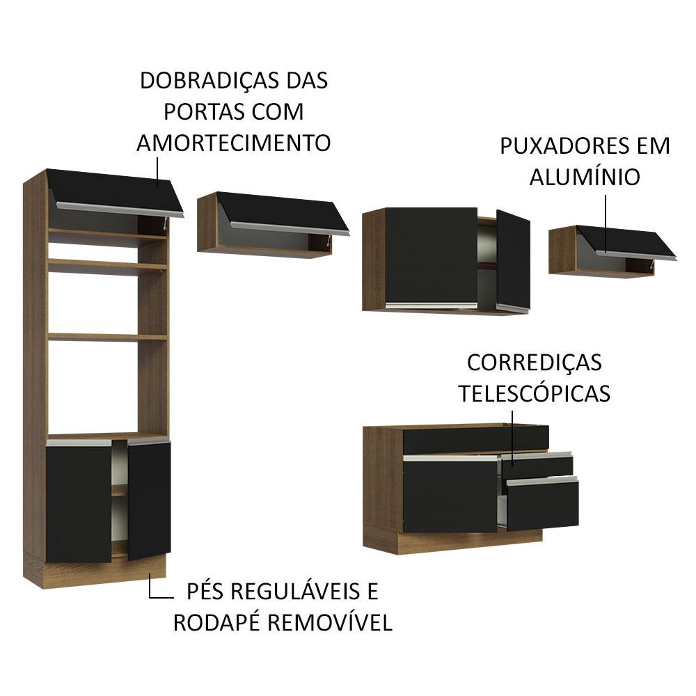 Cozinha Completa Madesa Glamy 350001 com Armário e Balcão (Sem Tampo e Pia) - Rustic/Preto