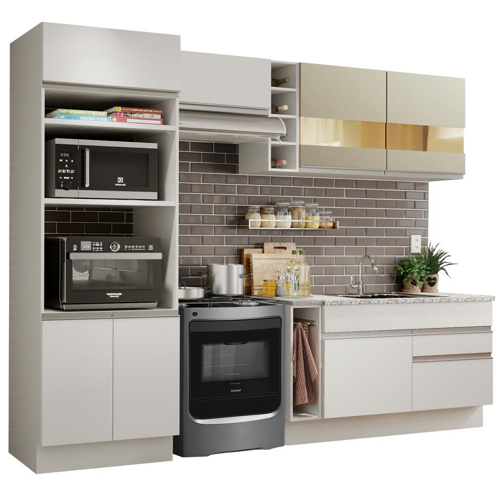 Cozinha Completa Madesa Jade com Armário e Balcão (Sem Tampo e Pia) - Branco/Branco/Crema