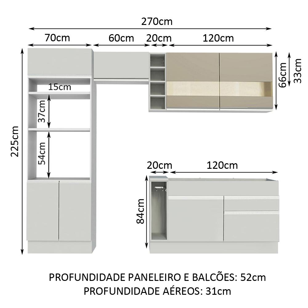 Cozinha Completa Madesa Jade com Armário e Balcão (Sem Tampo e Pia) - Branco/Branco/Crema