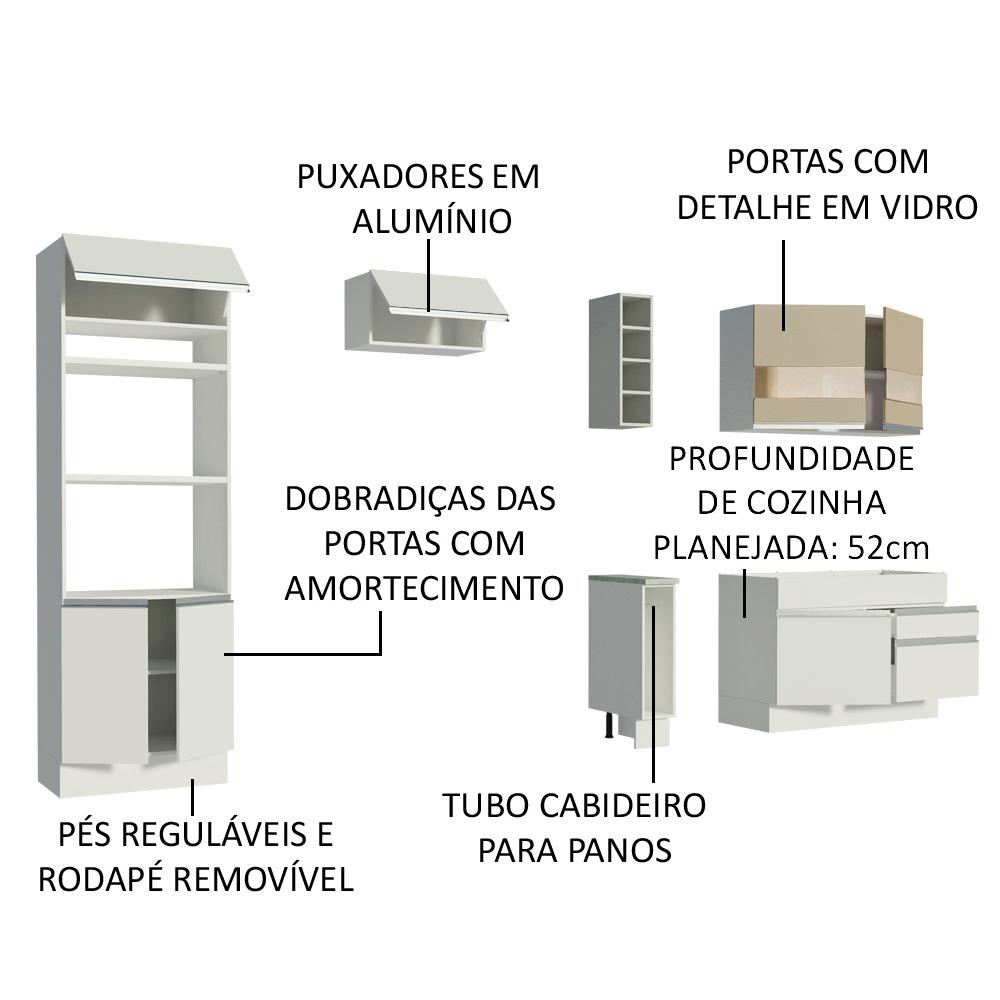 Cozinha Completa Madesa Jade com Armário e Balcão (Sem Tampo e Pia) - Branco/Branco/Crema