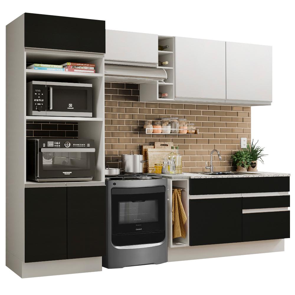 Cozinha Completa Madesa Jade com Armário e Balcão (Sem Tampo e Pia) - Branco/Preto/Branco