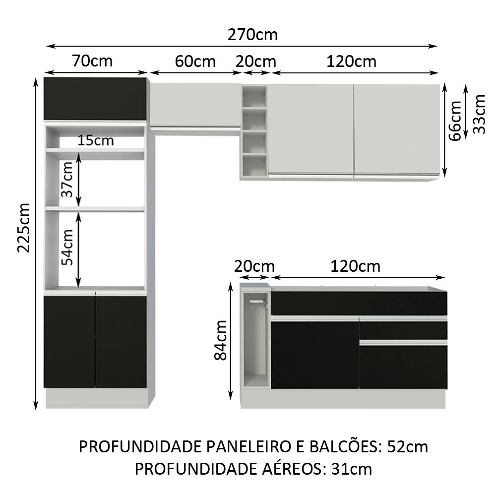 Cozinha Completa Madesa Jade com Armário e Balcão (Sem Tampo e Pia) - Branco/Preto/Branco