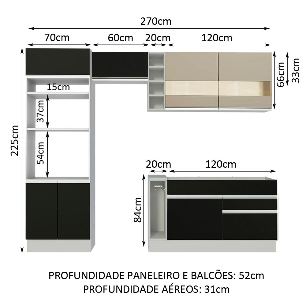 Cozinha Completa Madesa Jade com Armário e Balcão (Sem Tampo e Pia) - Branco/Preto/Crema