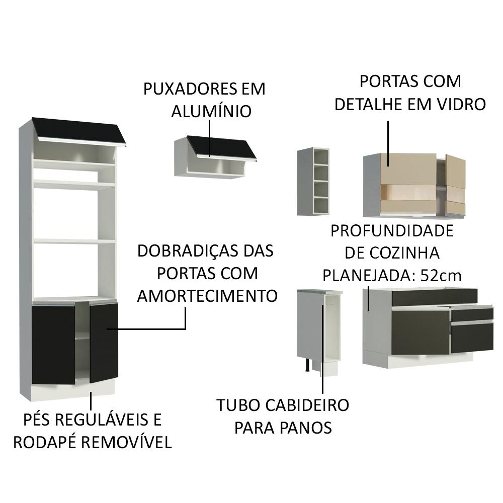 Cozinha Completa Madesa Jade com Armário e Balcão (Sem Tampo e Pia) - Branco/Preto/Crema