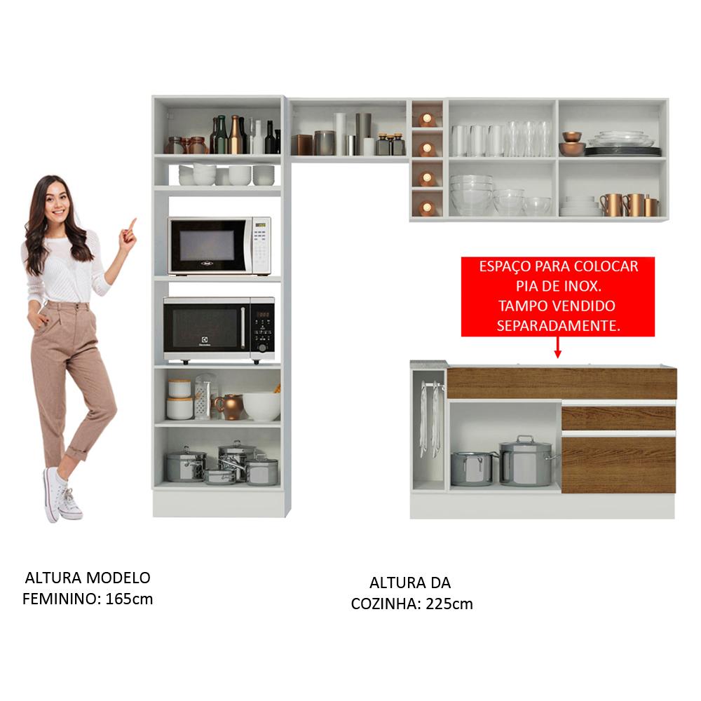 Cozinha Completa Madesa Jade com Armário e Balcão (Sem Tampo e Pia) - Branco/Rustic/Branco