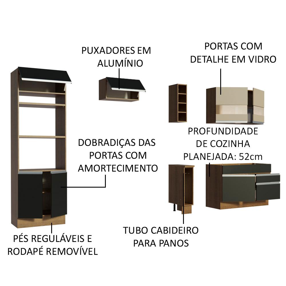 Cozinha Completa Madesa Jade com Armário e Balcão (Sem Tampo e Pia) - Rustic/Preto/Crema