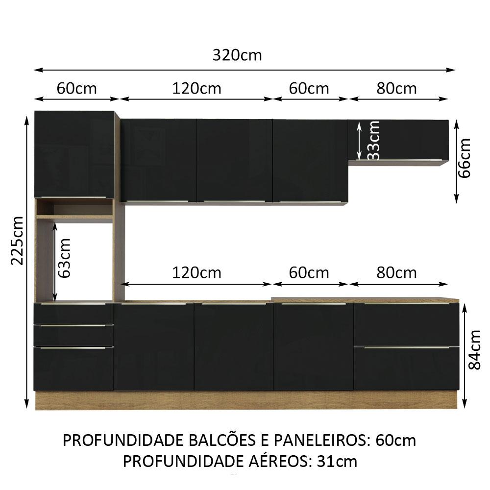 Cozinha Completa Madesa Lux 320004 com Armário e Balcão - Rustic/Preto